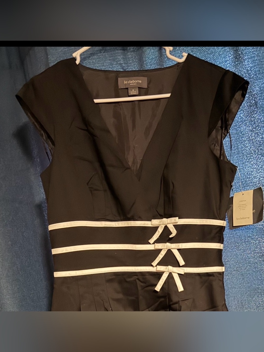 Liz Claiborne Black Fit-and-Flare Dress with White Ribbon Detail Size 8